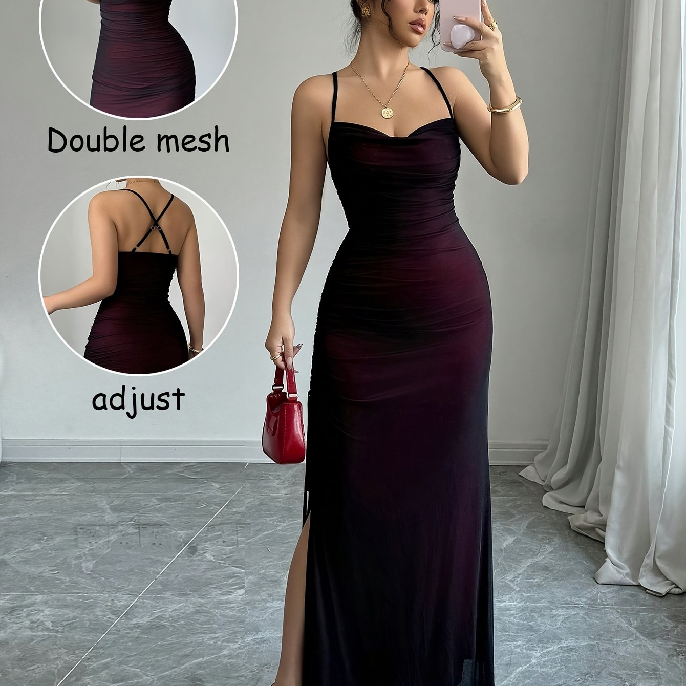 Womens Elegant High-Stretch Mesh Solid Colour Adjustable Strap Backless Long Bodycon Dress