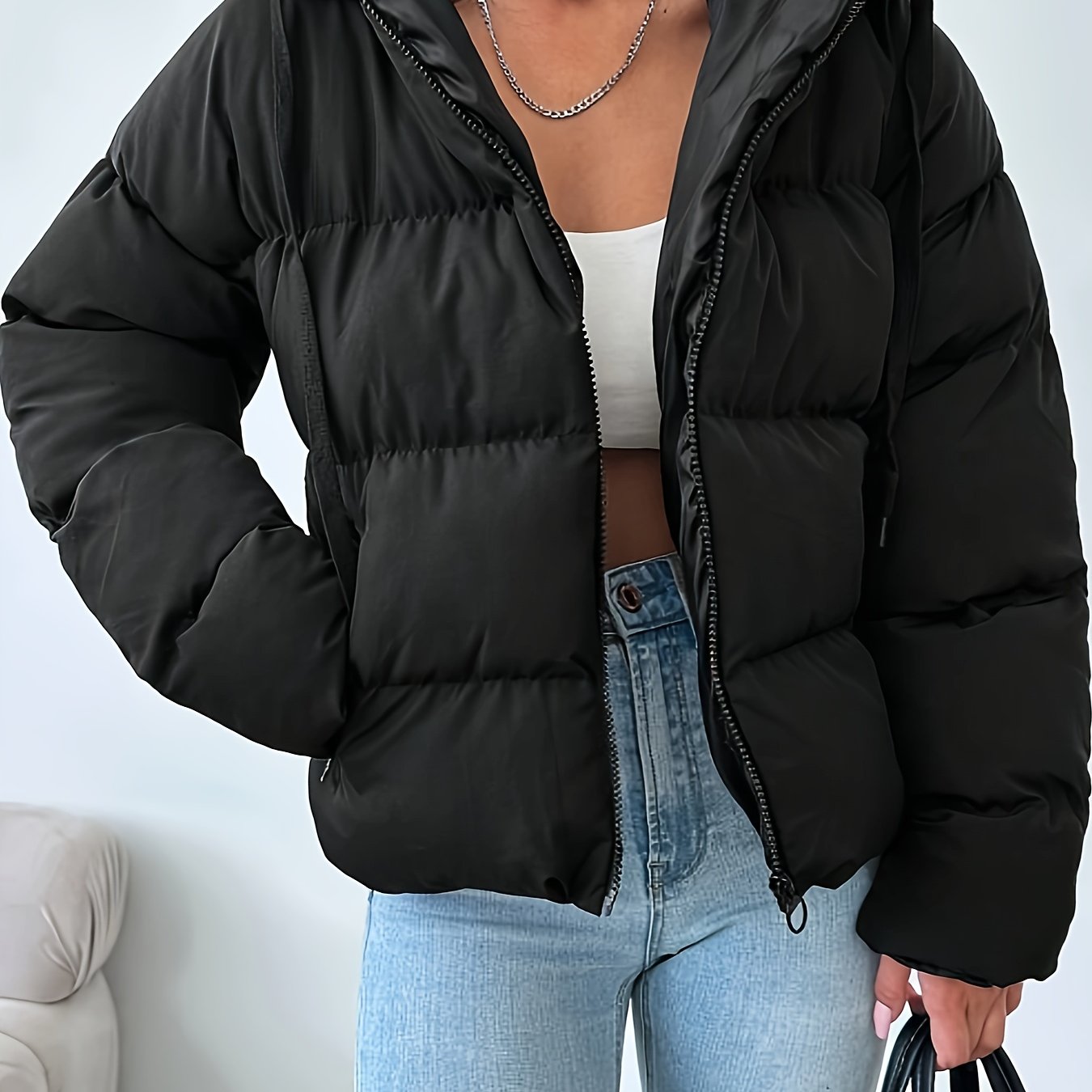 Womens Casual Hooded Zip-Up Long Sleeves Solid Colour Puffer Jacket