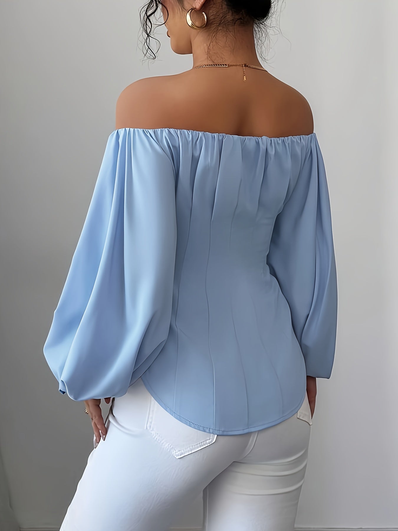 Womens Elegant Off-Shoulder Puff Sleeve Slim Fit Solid Colour Top