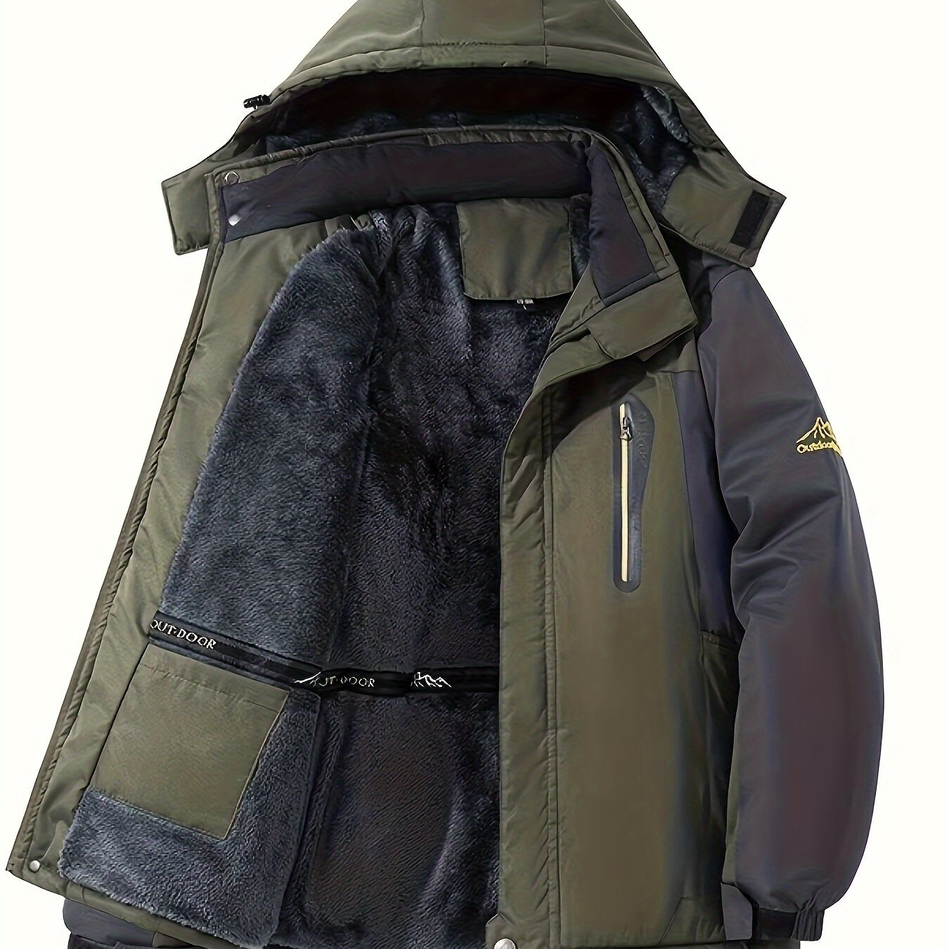 Mens Warm Fleece-Lined Windproof Hooded Front Zip Winter Jacket