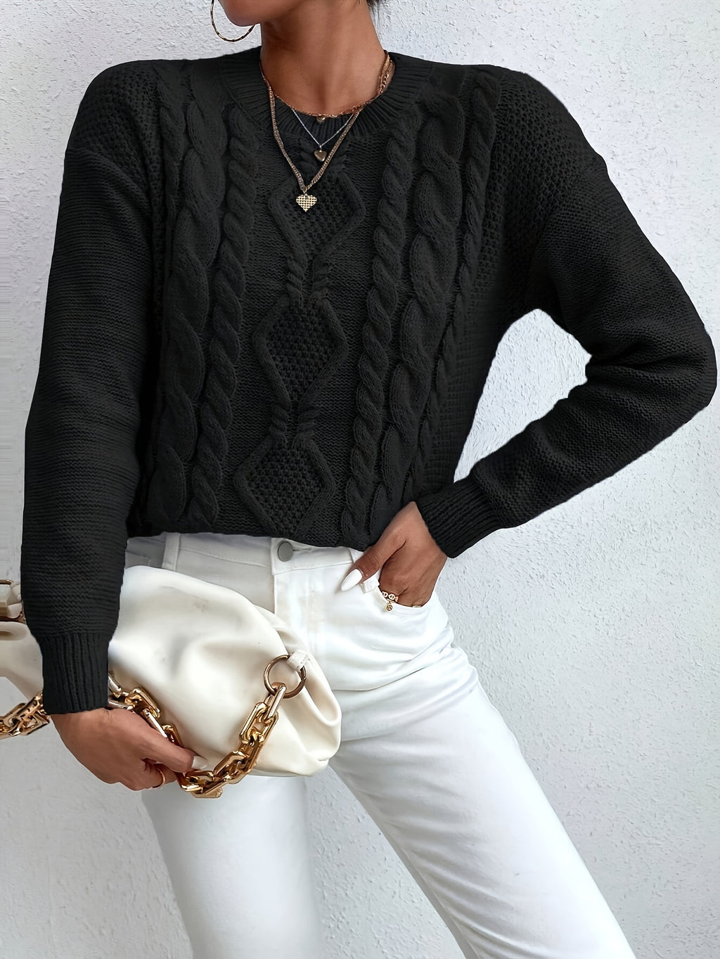 Womens Casual Chunky Drop Shoulder High Elasticity Round Neck Pullover Jumper
