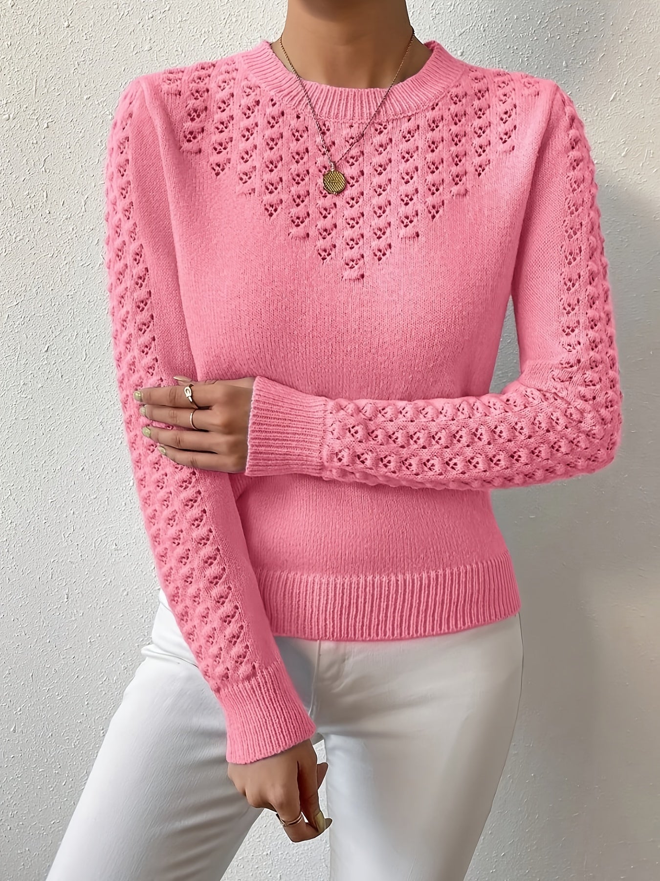 Womens Elegant Knitted Round Neck Textured Design Solid Colour Semi Sheer Sweater