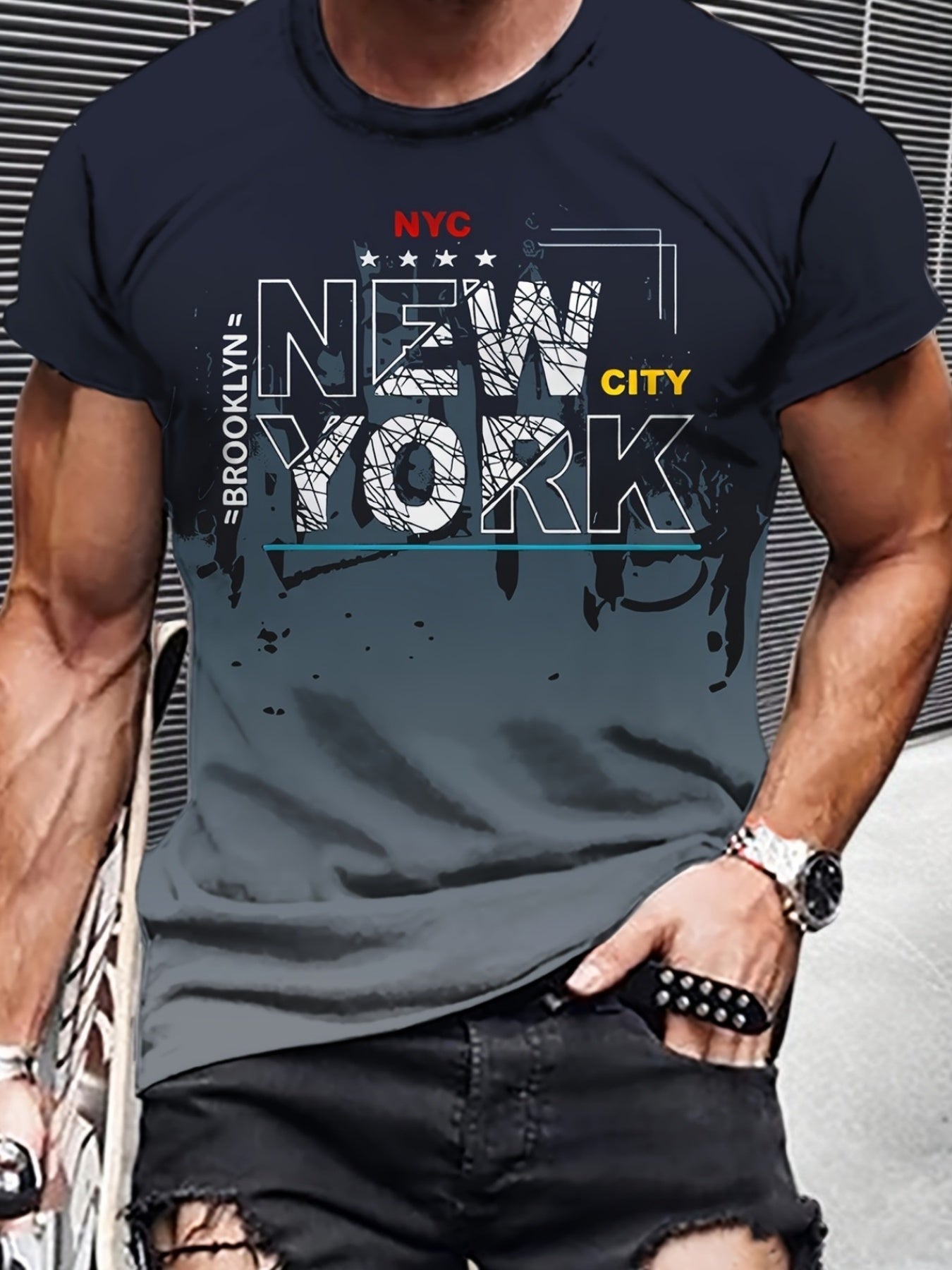 Mens Casual New York Graphic Print Casual Short Sleeve Crew Neck Tshirt