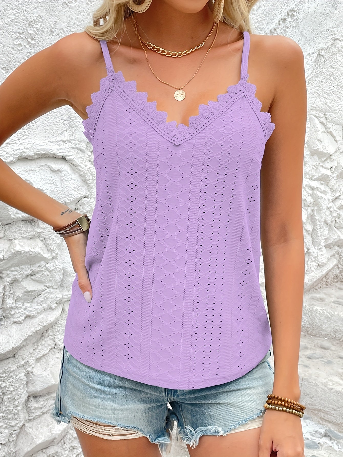 Womens Casual Eyelet Lace V-Neck Spaghetti Straps Vest Top