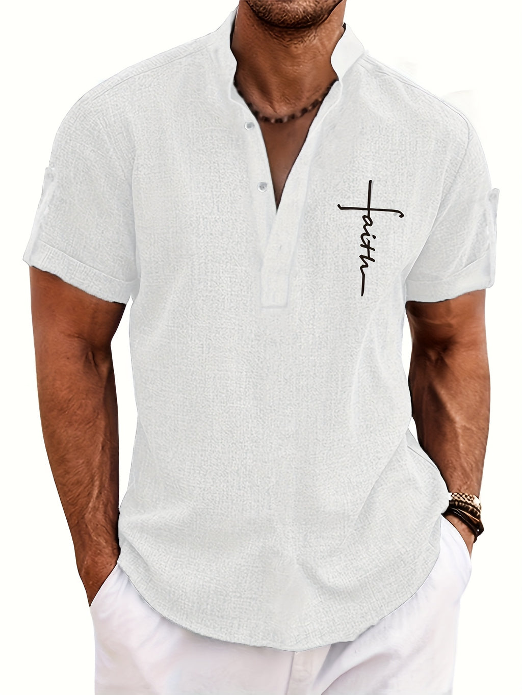 Mens Casual Graphic Print Short Sleeve Stand Collar Breathable Shirt