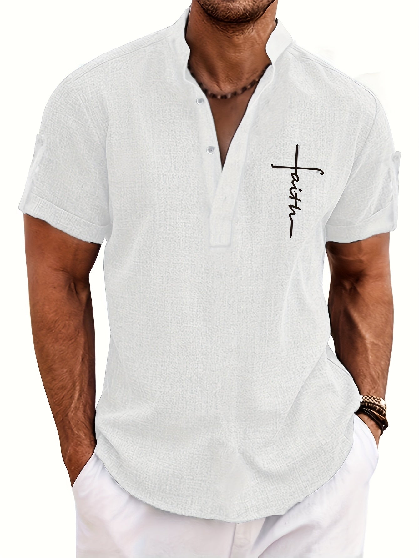 Mens Casual Graphic Print Short Sleeve Stand Collar Breathable Shirt