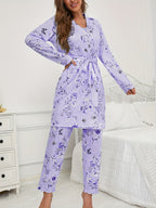 Womens 3 Piece Floral & Butterfly Print Long Pants Long Sleeve Belted Robe, Casual Crew Neck Top Nightwear Set