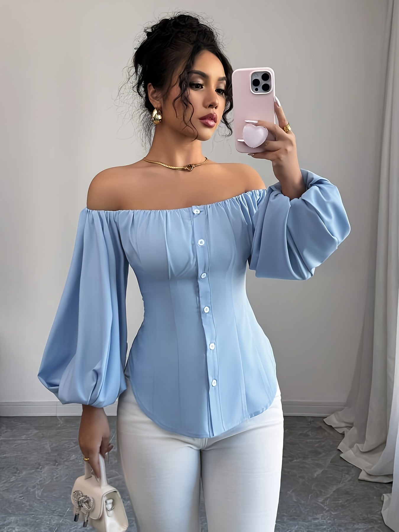 Womens Elegant Off-Shoulder Puff Sleeve Slim Fit Solid Colour Top