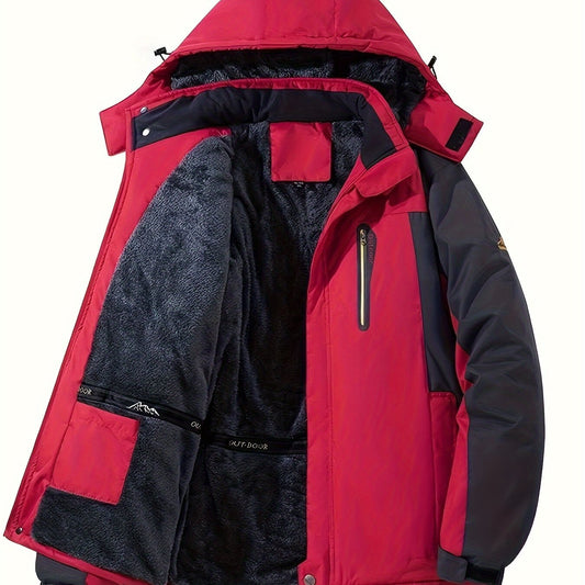 Mens Warm Fleece-Lined Windproof Hooded Front Zip Winter Jacket