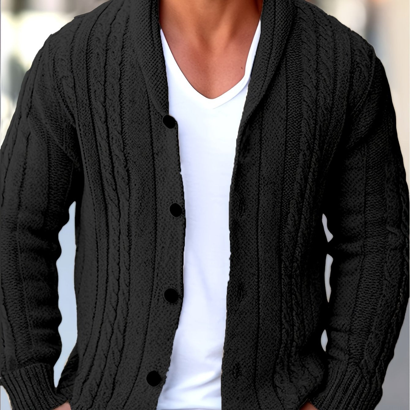 Mens Casual Thick Long Sleeve Cable Knit Buttoned Cardigan