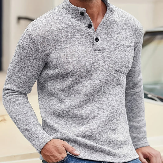 Mens Casual Knit Design Fleece Lined Long Sleeves Stand-Up Collar Chest Pocket Top