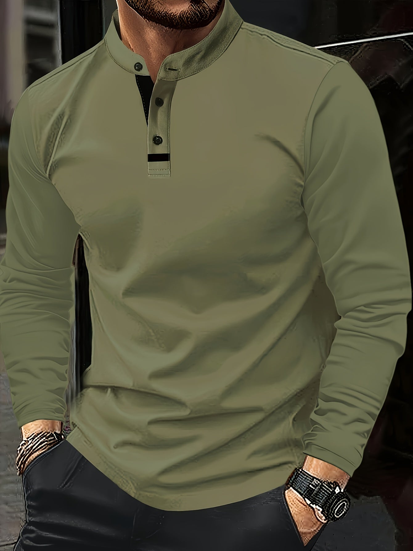 Mens Casual Solid Colour Contrast Stitching Casual Round Neck Long Sleeve Top