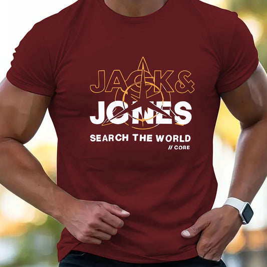 Mens Casual Graphic Short Sleeve Summer Style "Search the World" Print Round Neck Tshirt