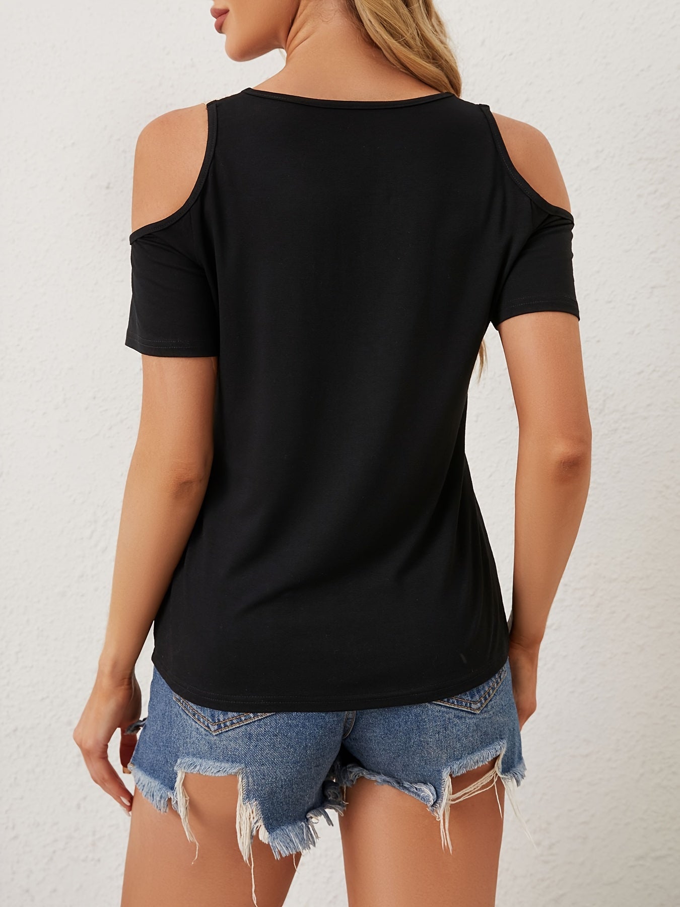 Womens Casual Cold Shoulder T-Shirt Lace Trim V Neck Short Sleeve Top