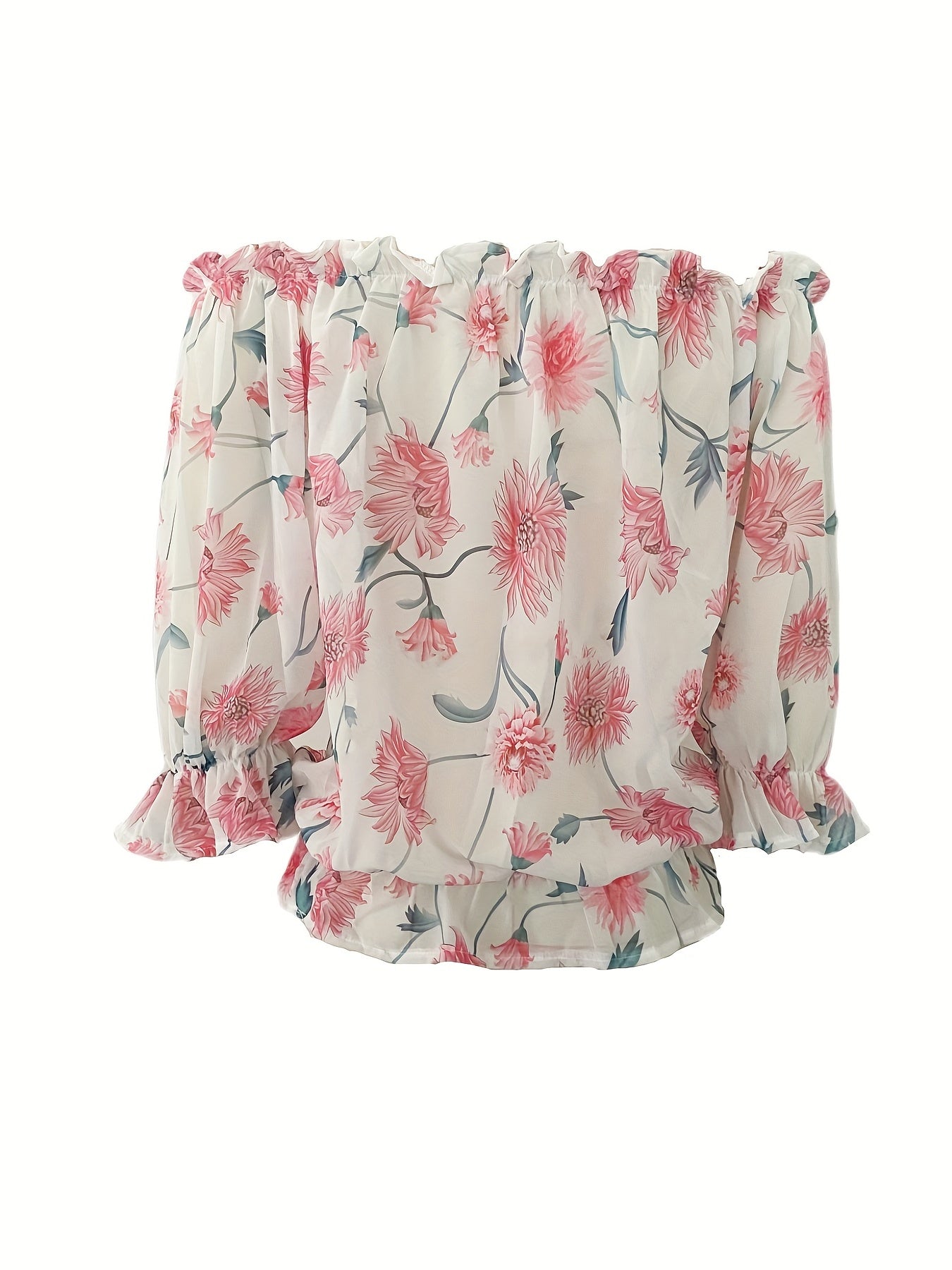 Womens Lightweight Off-Shoulder Semi-Sheer Pleated Lantern Sleeves Loose Fit Top