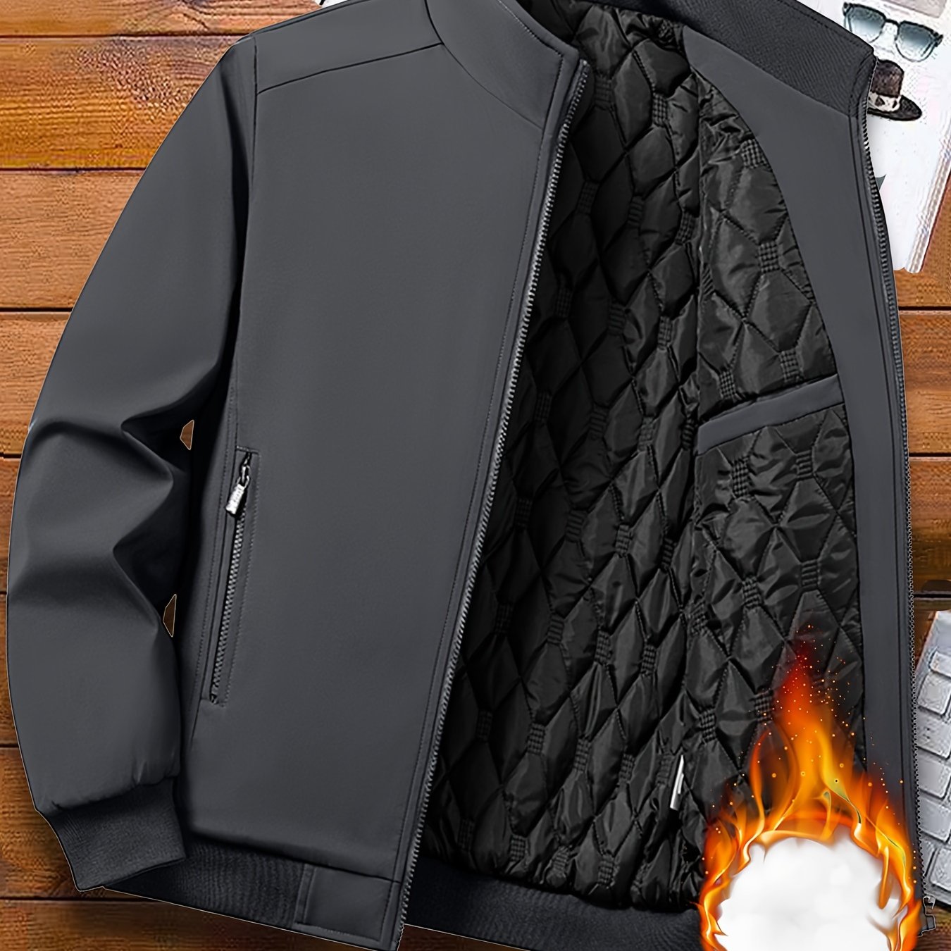 Mens Casual Solid Zip-Up Stand Collar Windbreaker Thermal Quilted Jacket
