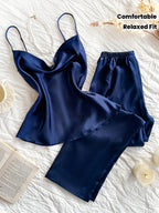 Womens Casual Relaxed Fit Sexy Satin Cowl Neck Backless Cami Top & Pants Set