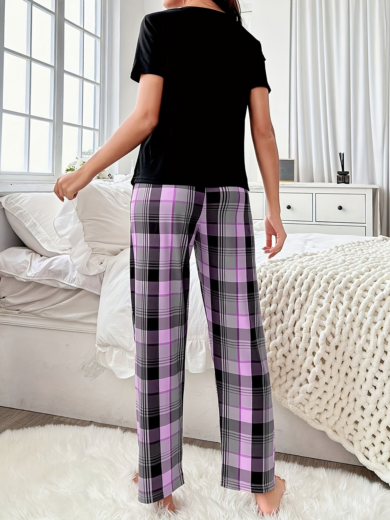Womens Casual Comfortable Relaxed Fit Plaid Heart & Slogan Print Pyjama Set