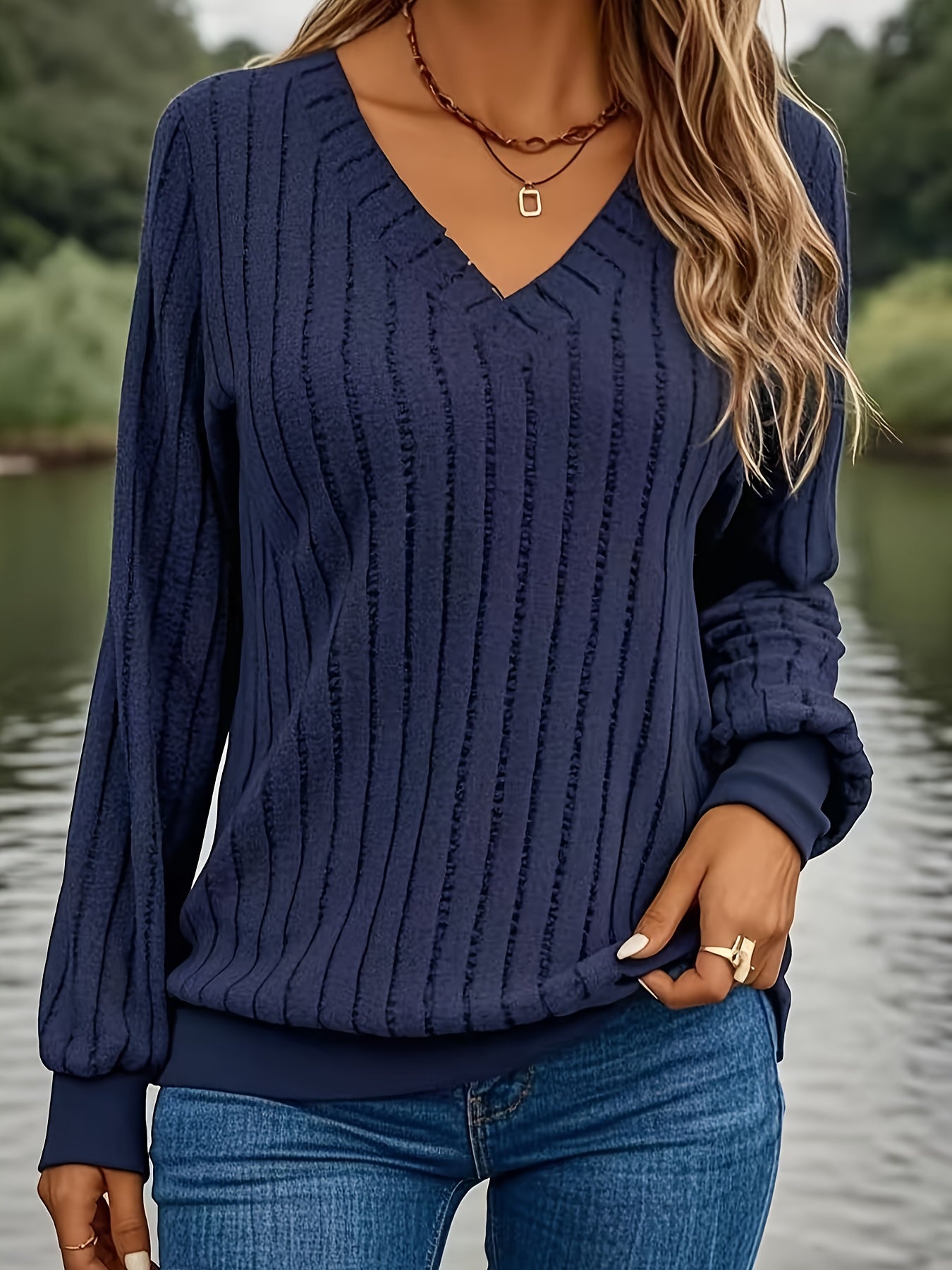 Womens Casual V-Neck Long Sleeve Ribbed Loose Fit Sweater
