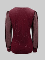 Womens Long Sleeve Sexy V-Neck Sequined Mesh Sleeved Top