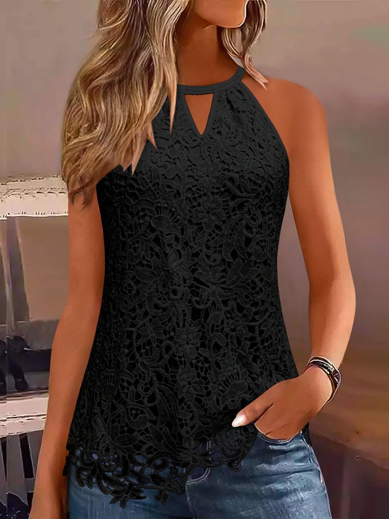 Womens Elegant Lace Trim Hollow-Out Solid Colour Round Neck Sleeveless Top