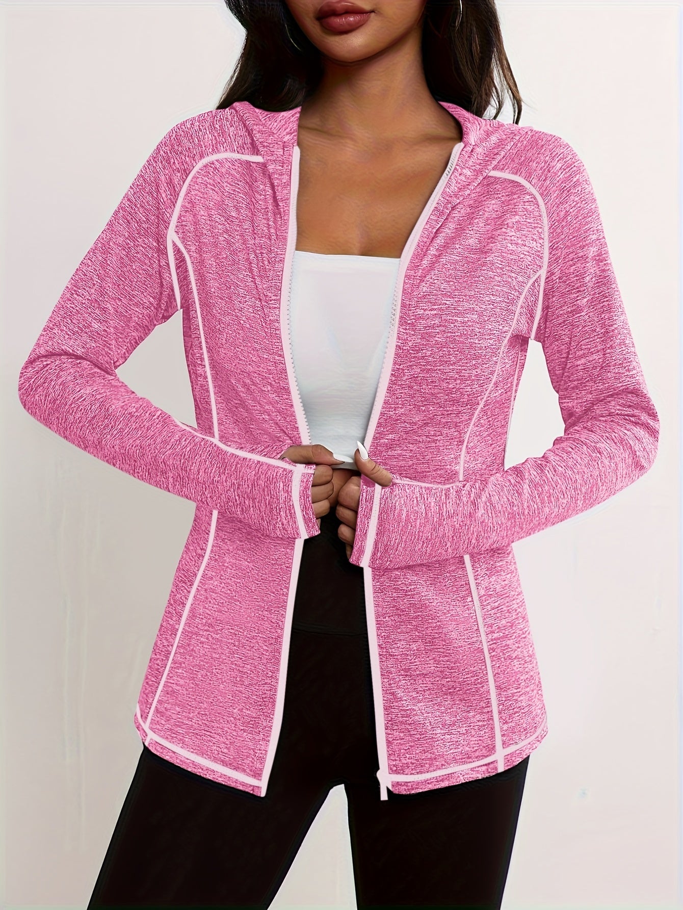 Womens Long Sleeve Stripe Detail Full Zipper Casual Activewear Hooded Sports Jacket