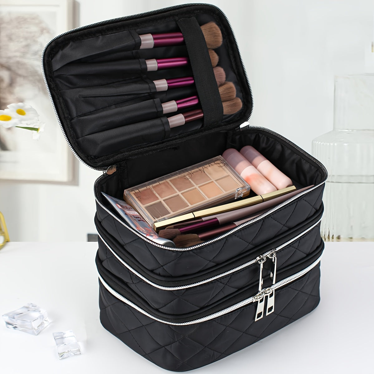 Multi Layer Portable Stylish Lightweight Large Capacity Grid Diamond Cosmetic Bag