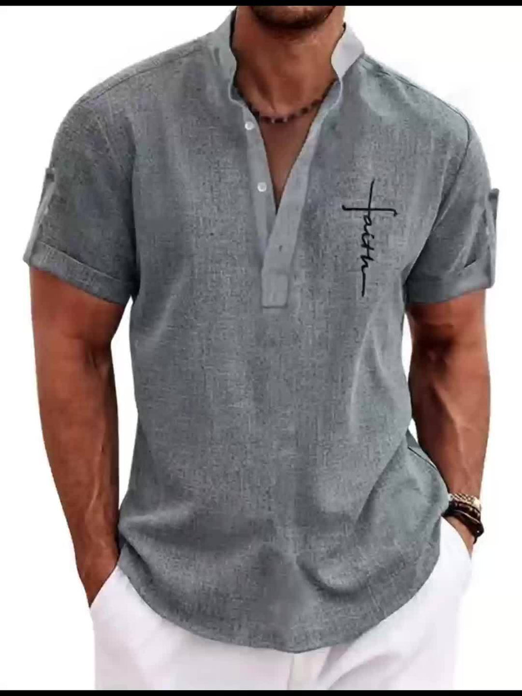 Mens Casual Graphic Print Short Sleeve Stand Collar Breathable Shirt
