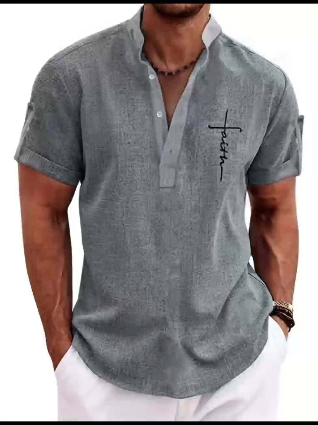 Mens Casual Graphic Print Short Sleeve Stand Collar Breathable Shirt