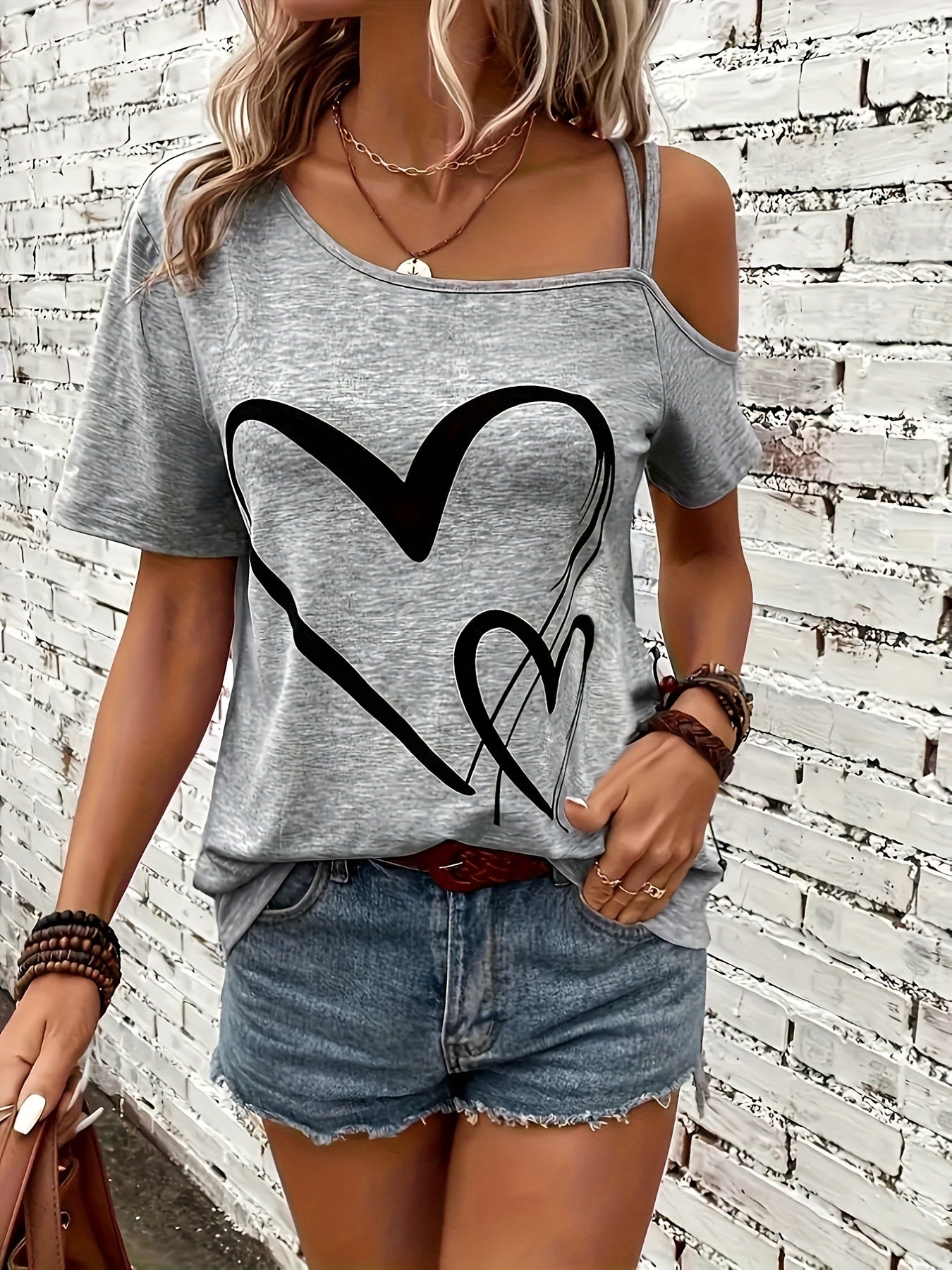 Womens Casual Heart Print Off the Shoulder Short Sleeve Asymmetrical T-shirt Top