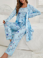 Womens 3 Piece Floral & Butterfly Print Long Pants Long Sleeve Belted Robe, Casual Crew Neck Top Nightwear Set