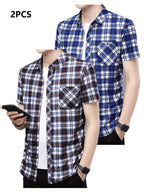 Mens Casual 2 Pcs Short Sleeve Plaid Button-Up Shirts