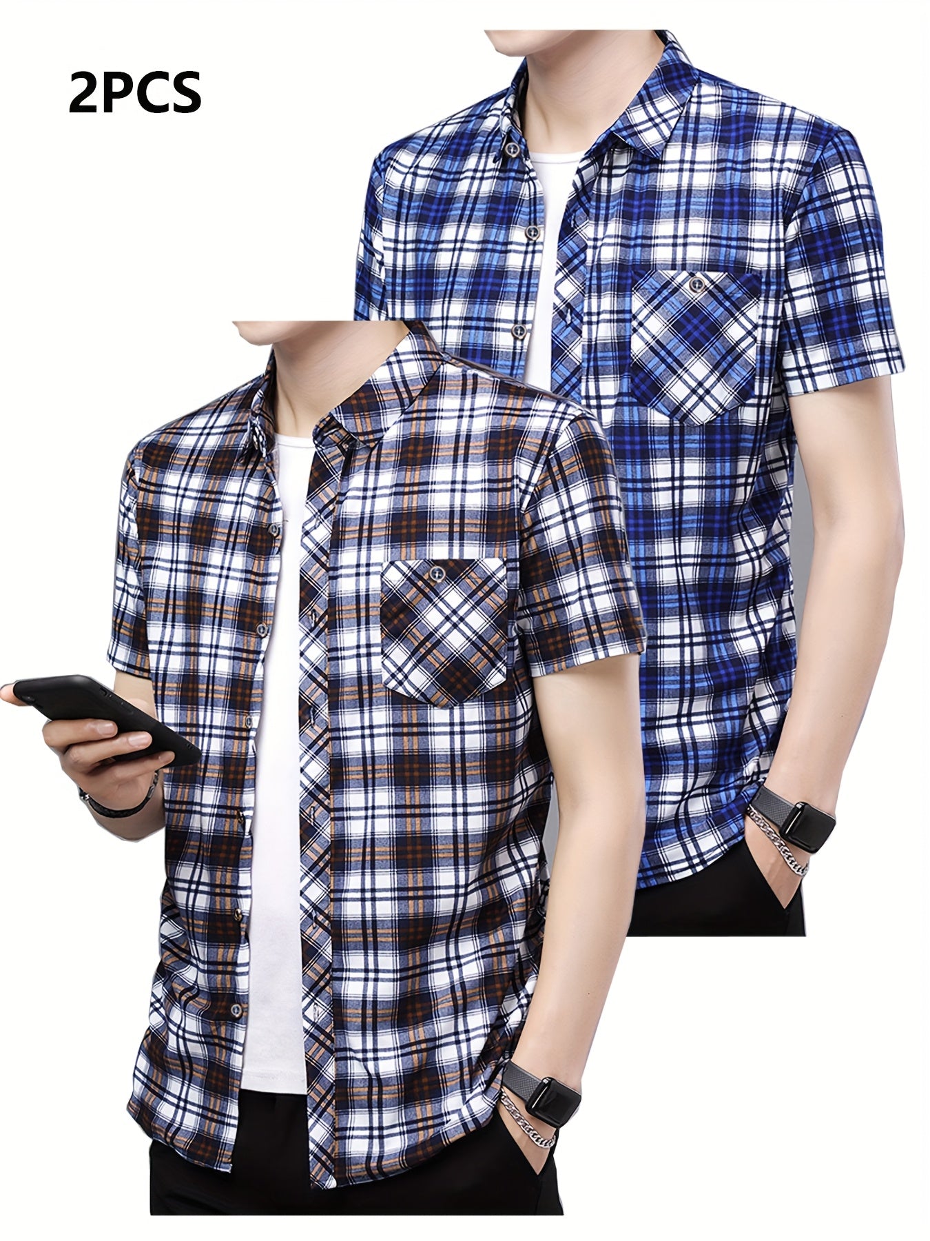Mens Casual 2 Pcs Short Sleeve Plaid Button-Up Shirts