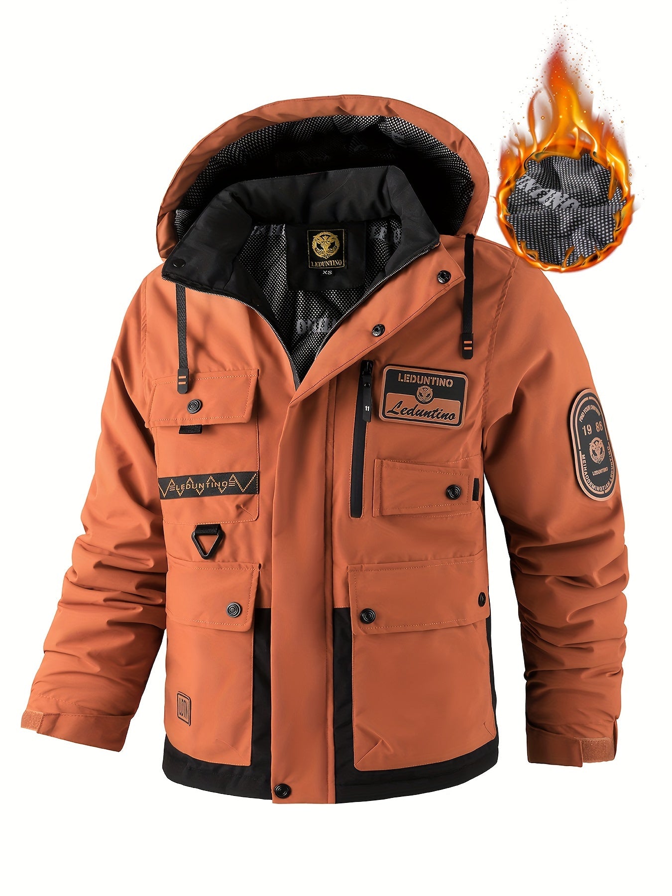 Mens Fleece-Lined Multiple Pockets Detachable Hood Outdoor Winter Jacket