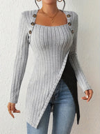 Womens Elegant Square Neck Ribbed Asymmetrical Button Detail Colour-Block Sweater