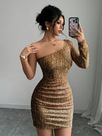 Womens Sexy Elegant Off-Shoulder Sequin Embellished Bodycon Dress