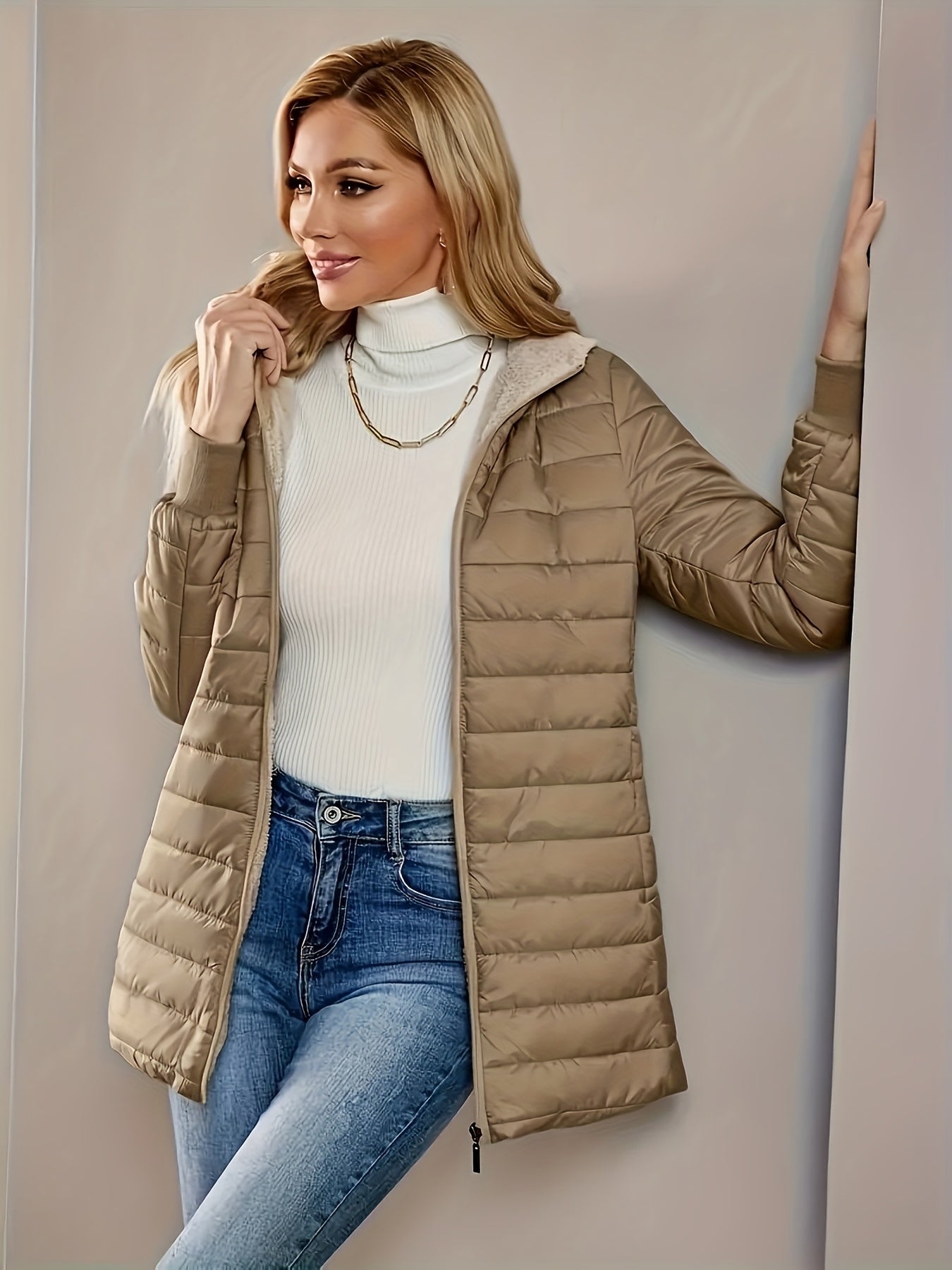 Womens Casual Medium Length Hooded Puffer Jacket