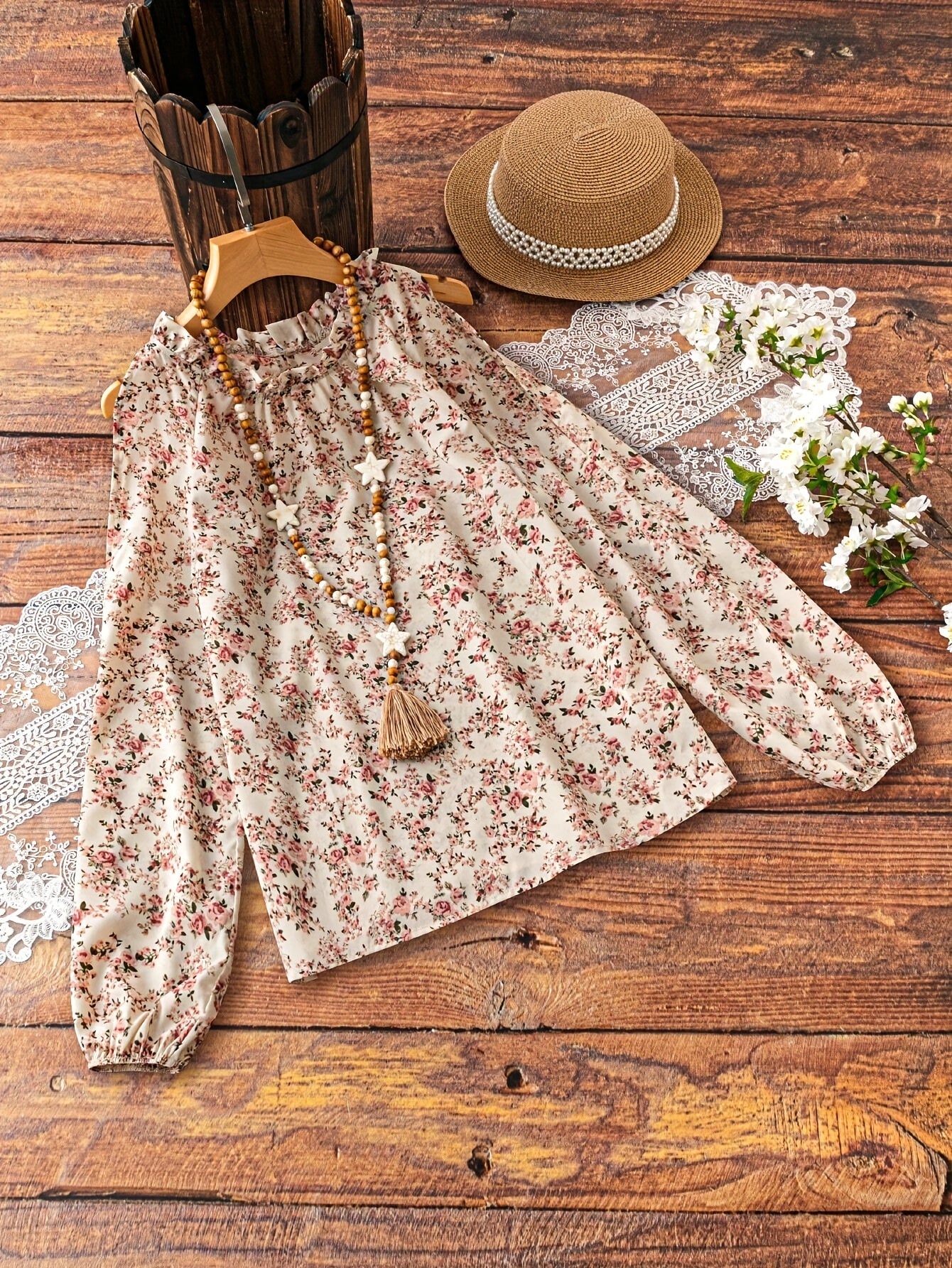 Womens Elegant Floral Print Long Sleeve Ruffle Trim Mock Neck Cold Shoulder Top