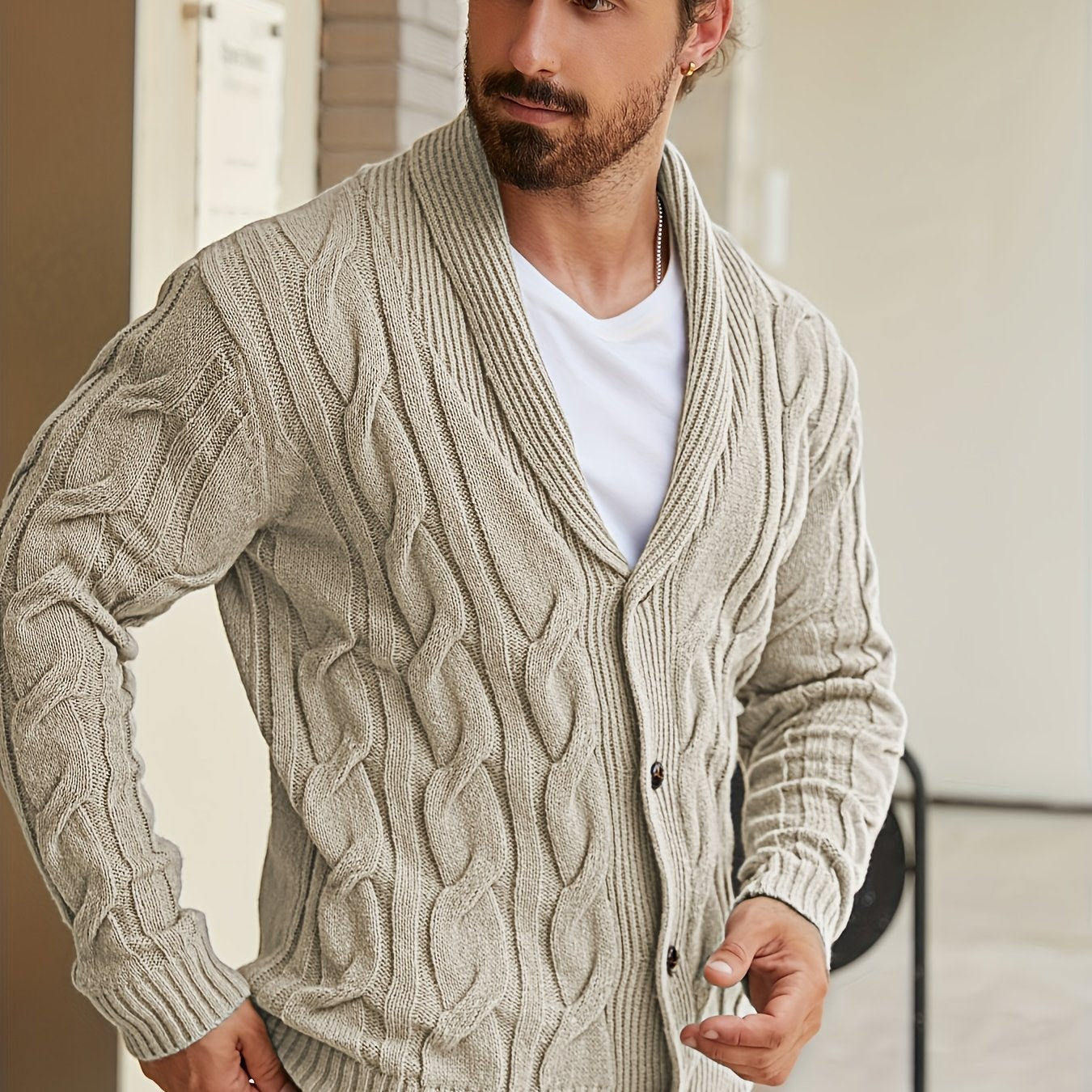 Mens Geometric Print Casual Long Sleeve Knitted Lapel Button Up Sweater