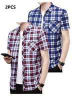Mens Casual 2 Pcs Short Sleeve Plaid Button-Up Shirts
