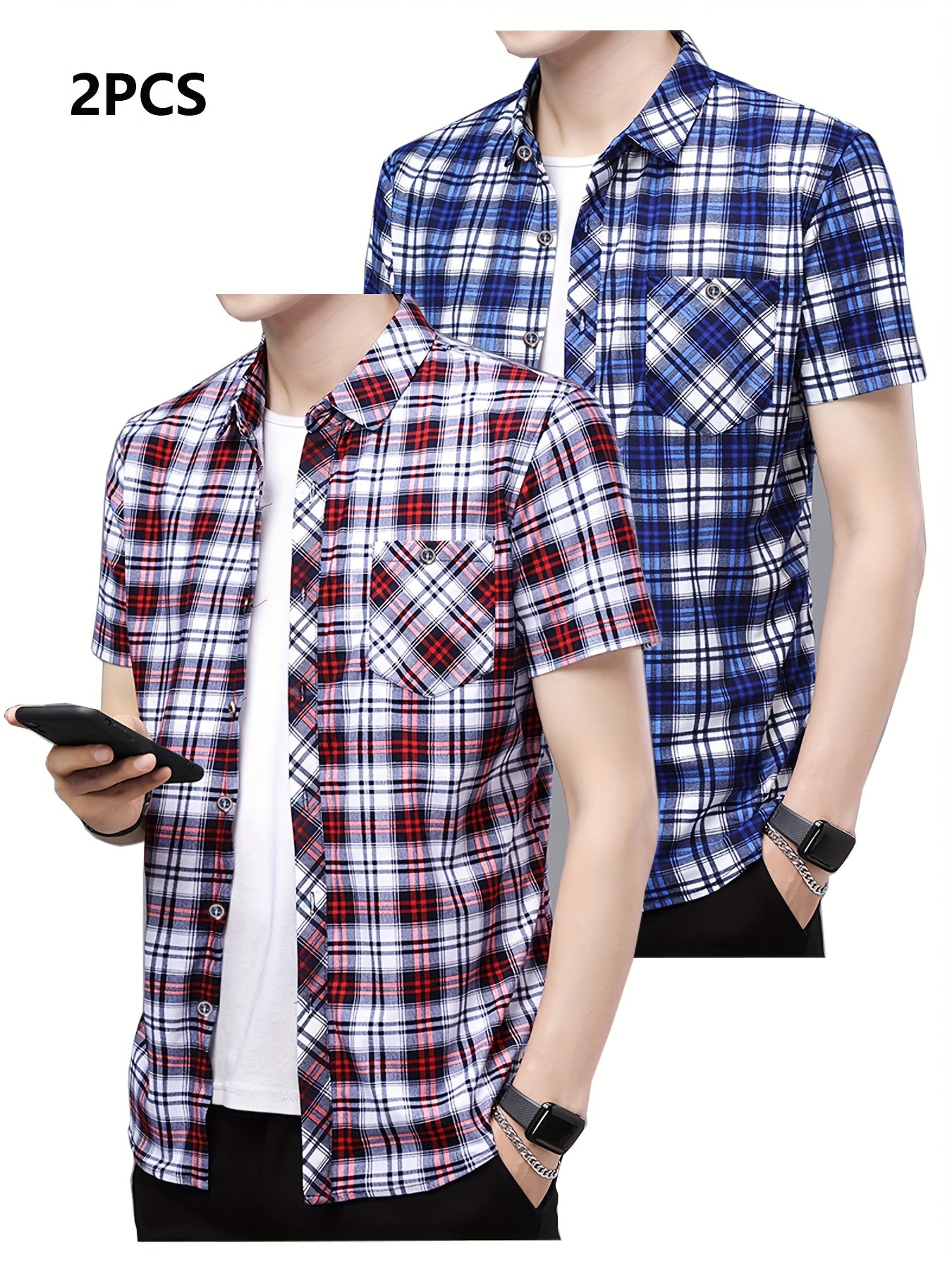 Mens Casual 2 Pcs Short Sleeve Plaid Button-Up Shirts