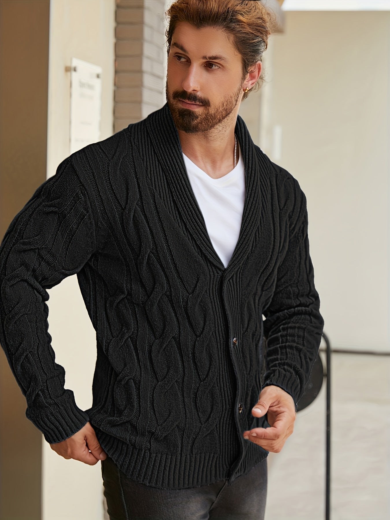 Mens Geometric Print Casual Long Sleeve Knitted Lapel Button Up Sweater