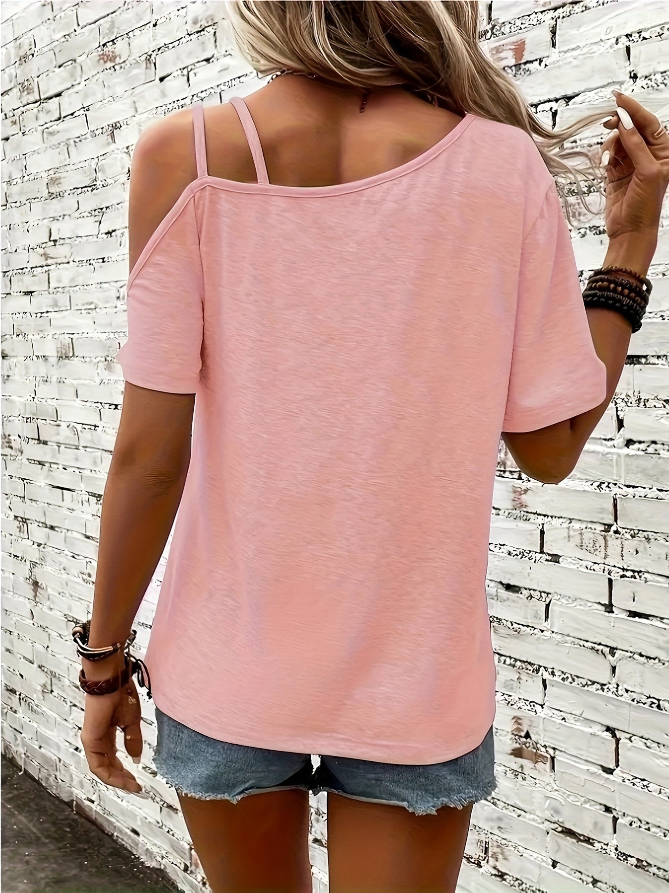 Womens Casual Heart Print Off the Shoulder Short Sleeve Asymmetrical T-shirt Top