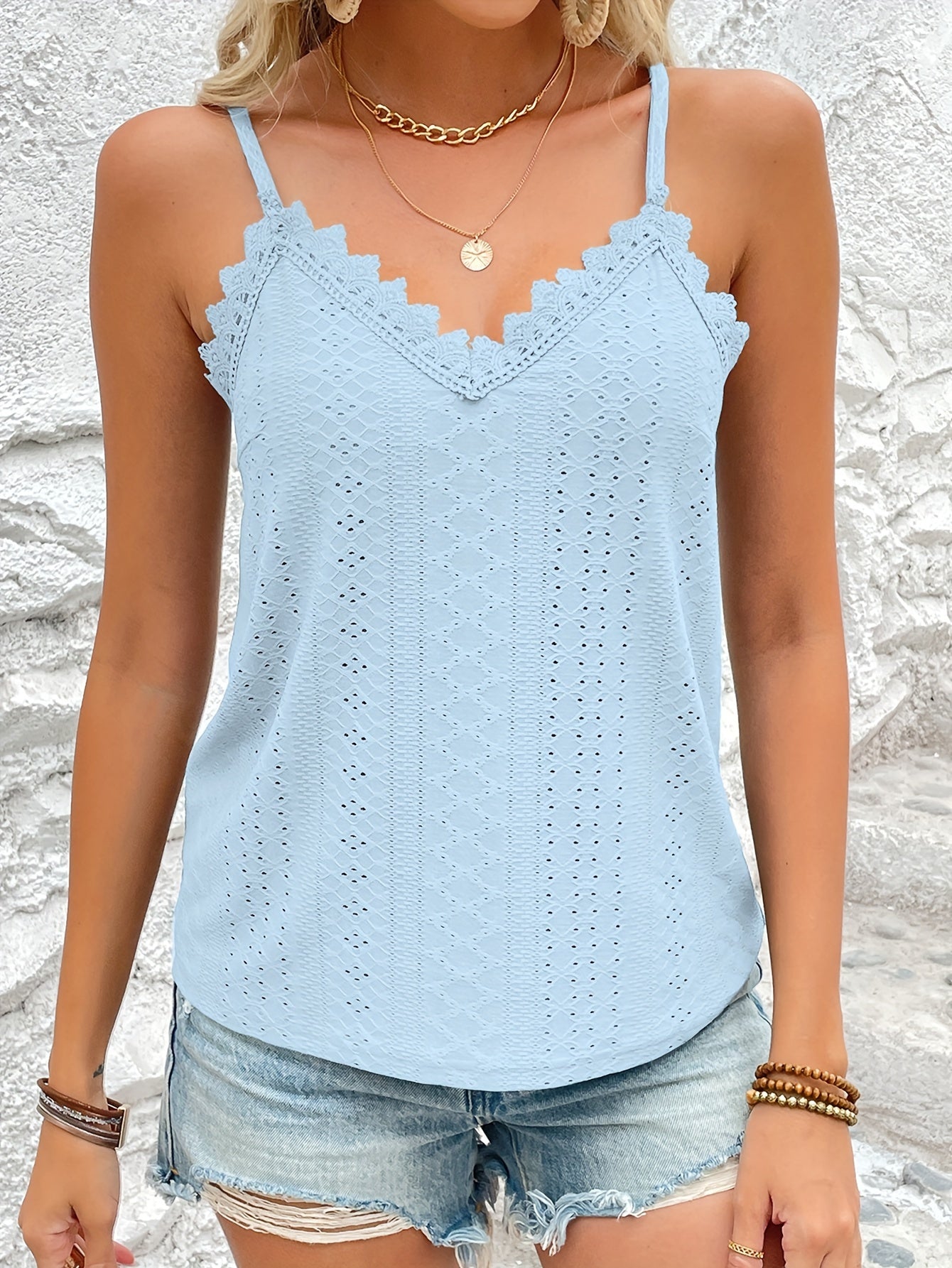 Womens Casual Eyelet Lace V-Neck Spaghetti Straps Vest Top