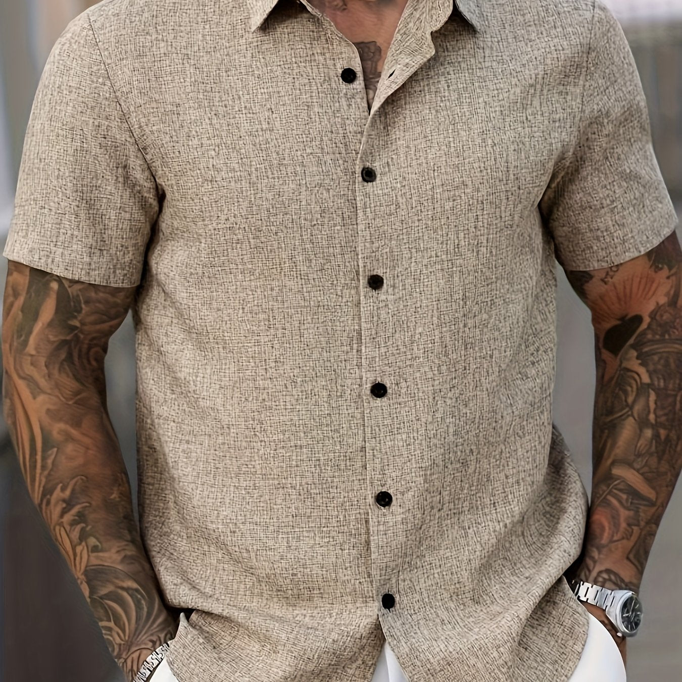 Mens Lightweight Breathable Linen-Blend Short Sleeve Shirt