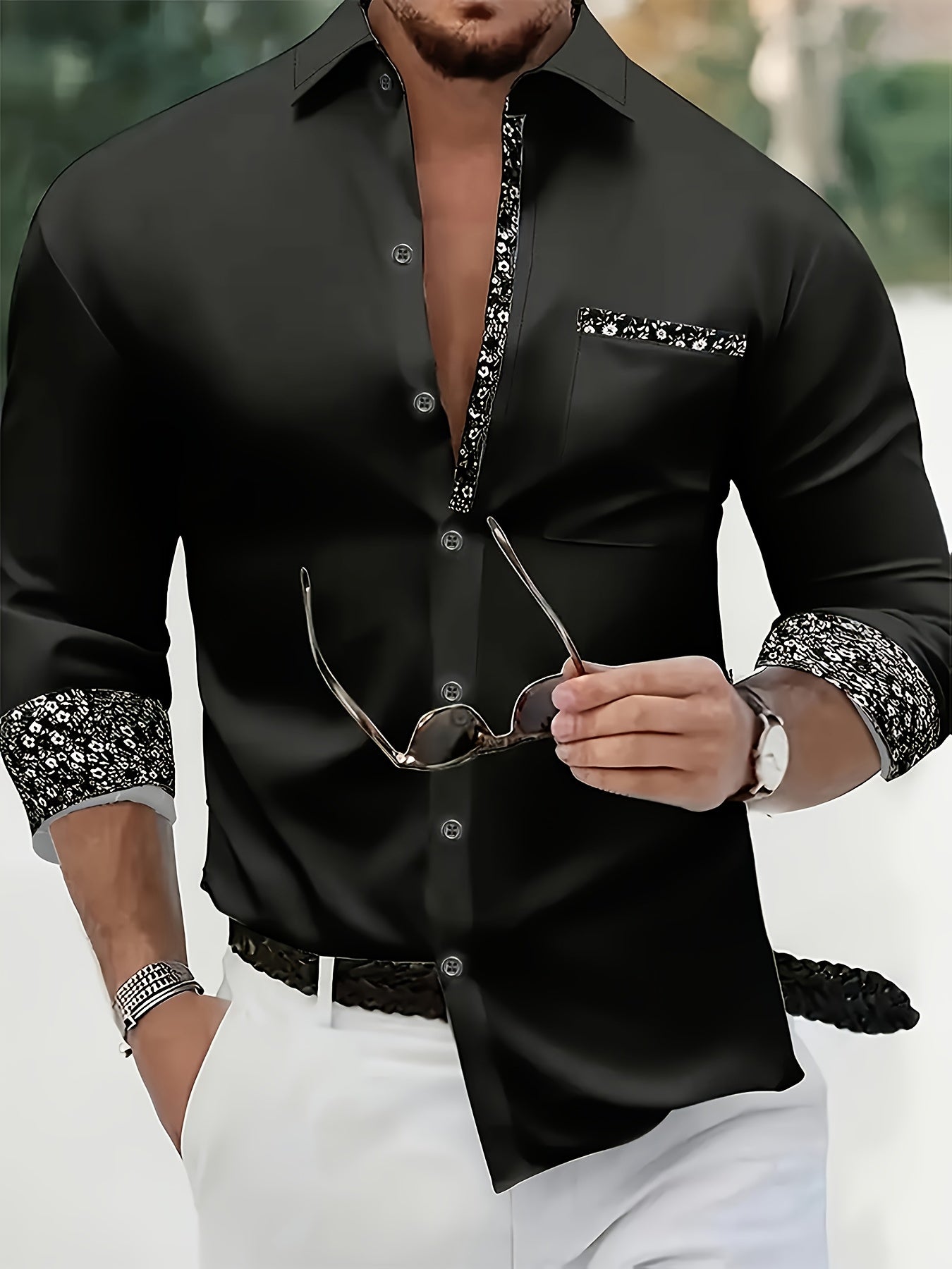 Mens Casual Lapel Collar Long Sleeve Position Print Shirt