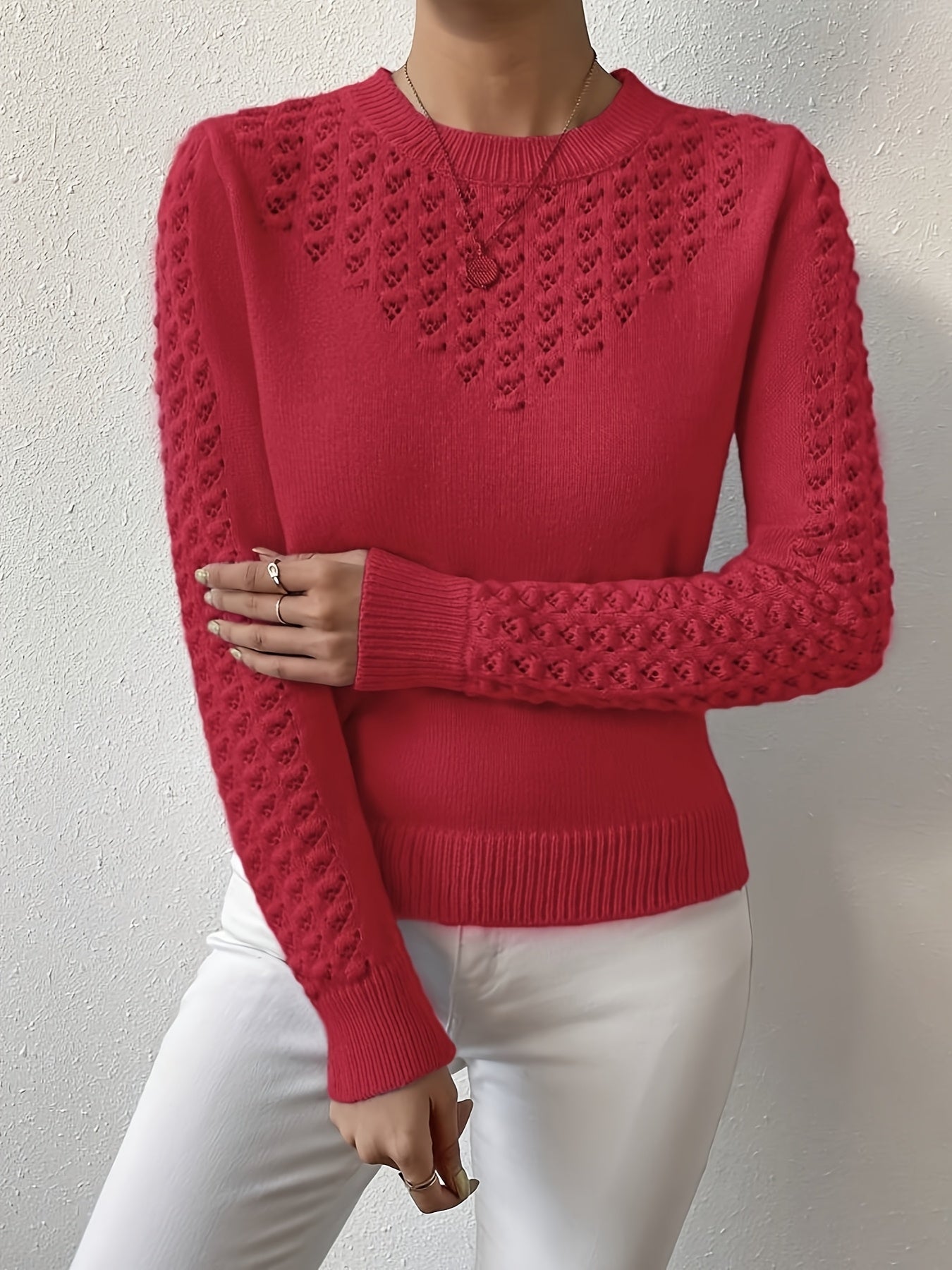 Womens Elegant Knitted Round Neck Textured Design Solid Colour Semi Sheer Sweater