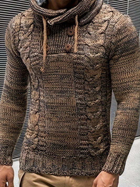 Mens Slim Fit Cable-Knit Stretchy High Elasticity Stack Neck Long Sleeve Casual Pullover Jumper