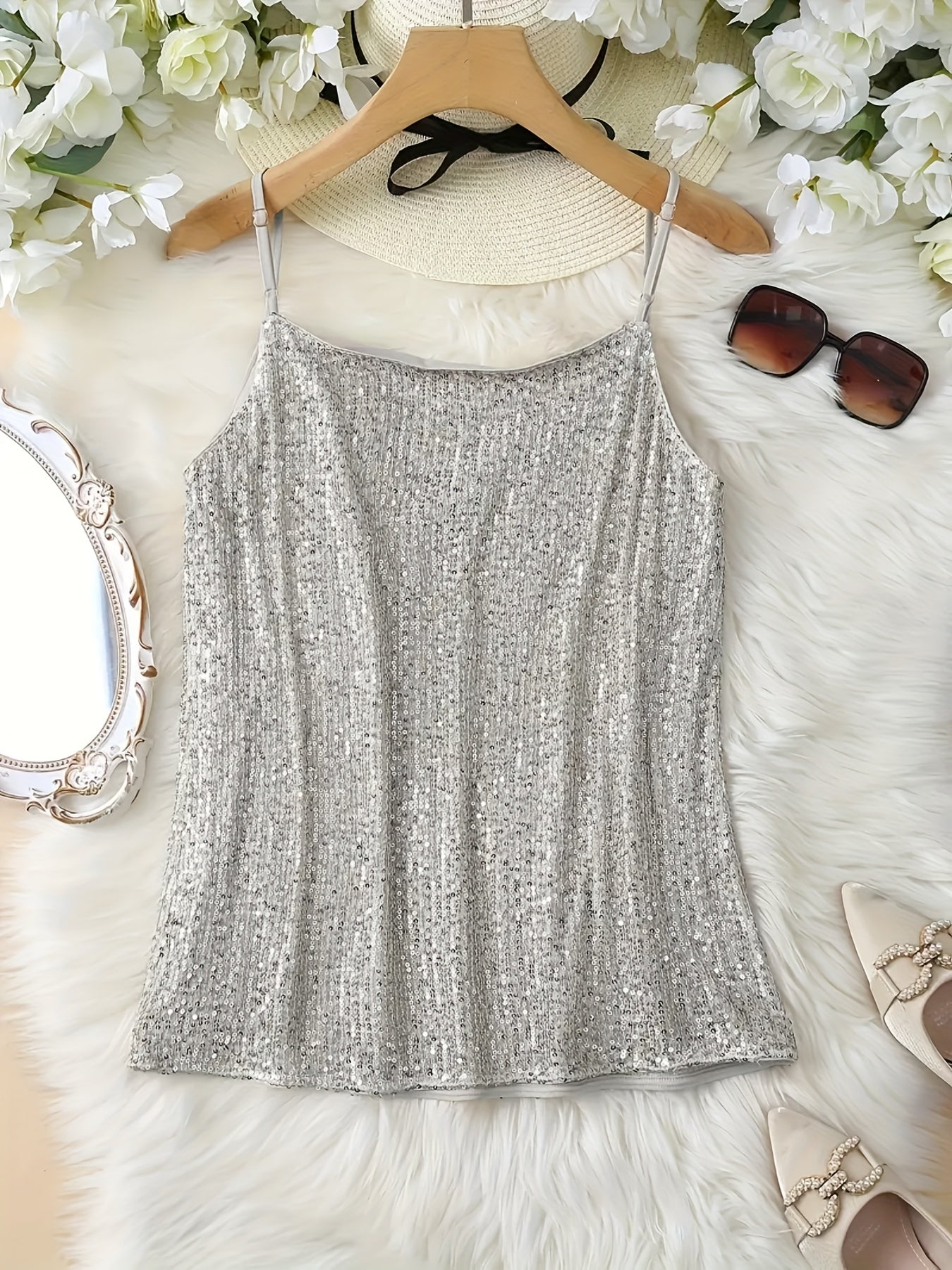 Womens Chic Sequined V Neck Solid Colour Sleeveless Strappy Top