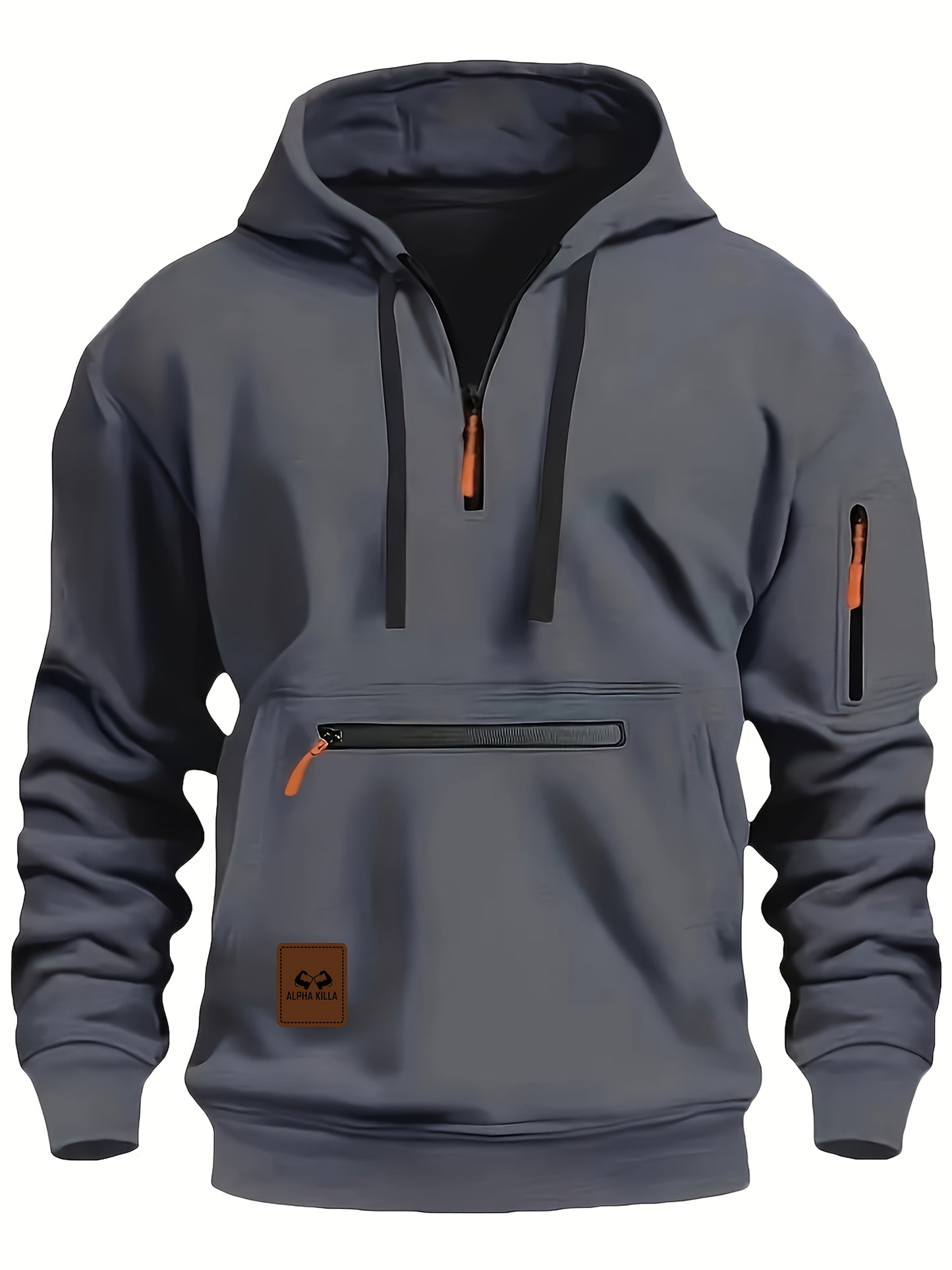 Mens Casual Hooded Zipper Pockets Half Zip Collar Solid Colour Pullover Sweatshirt